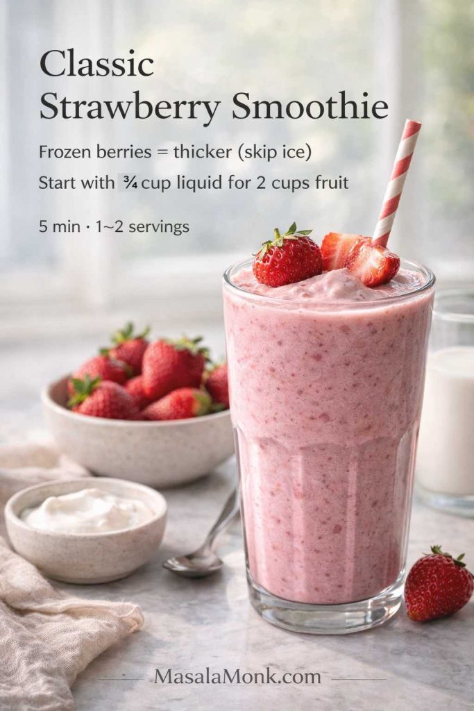 Classic strawberry smoothie recipe card in a tall glass, with tip to use frozen strawberries for a thicker smoothie and start with less liquid.