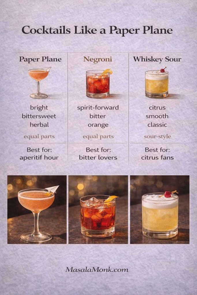 Infographic titled “Cocktails Like a Paper Plane” comparing Paper Plane, Negroni, and Whiskey Sour with flavor notes, best-for suggestions, and drink photos.