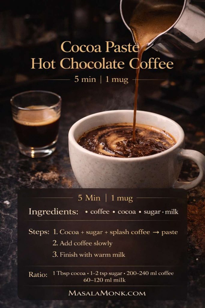 Cocoa paste hot chocolate coffee recipe card with espresso being poured into a mug, showing ingredients, quick steps, and ratio for a 5-minute drink.