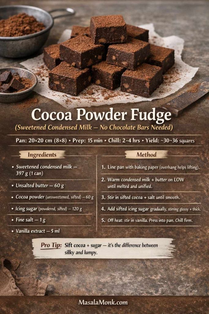 Recipe card image for cocoa powder fudge made with sweetened condensed milk (no chocolate bars needed). Shows cocoa-dusted fudge squares plus pan size (20×20 cm), prep time (15 min), chill time (2–4 hrs), yield (~30–36 squares), ingredient amounts in grams (condensed milk, butter, cocoa powder, icing sugar, salt, vanilla), a 5-step low-heat method, a pro tip to sift cocoa and sugar for a silky texture, and MasalaMonk.com branding in the footer.