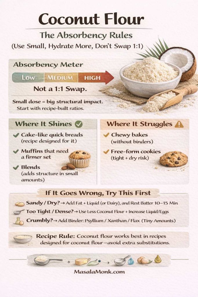 Infographic titled “Coconut Flour: The Absorbency Rules” explaining that coconut flour is highly absorbent and not a 1:1 swap. Shows an absorbency meter (high), a bowl of coconut flour, where it shines (cake-like quick breads, firmer muffins, small amounts in blends), where it struggles (chewy bakes without binders, free-form cookies), and quick fixes for sandy/dry, dense, or crumbly results. MasalaMonk.com footer.