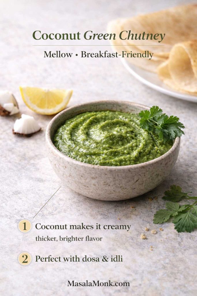 Coconut green chutney in a bowl with lemon and coconut pieces, a breakfast-friendly variation to serve with dosa and idli.