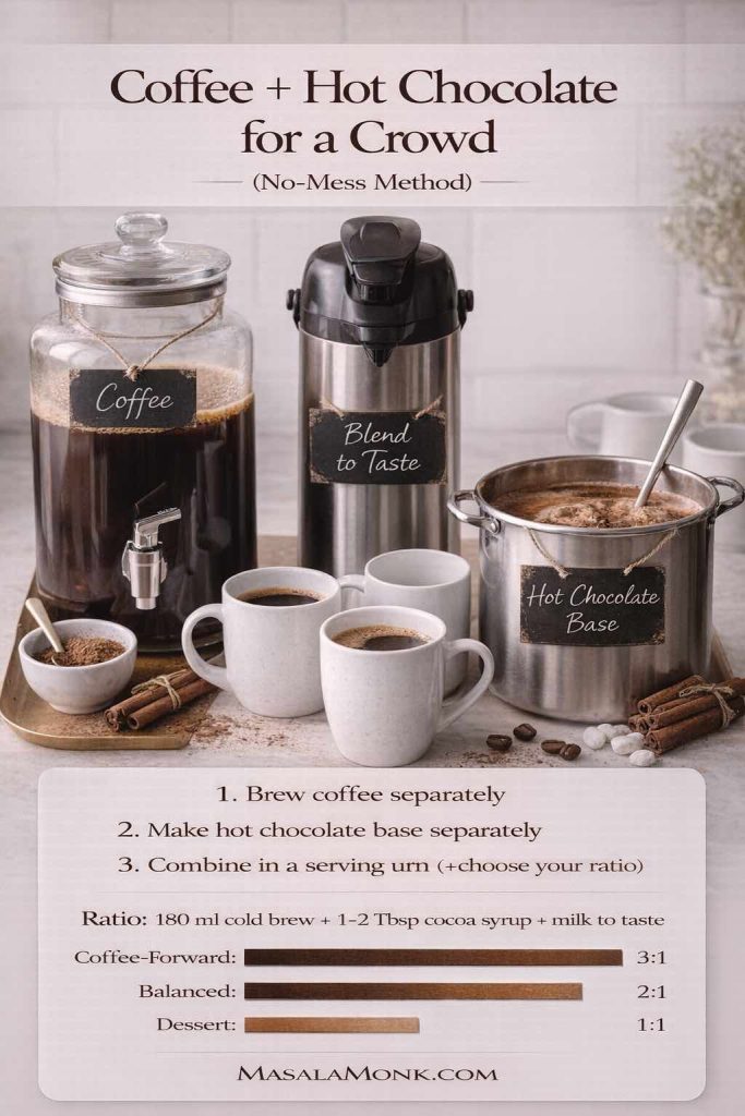 Coffee and hot chocolate for a crowd guide showing separate coffee and hot chocolate base dispensers, then mixing in a serving urn with quick ratios for coffee-forward, balanced, and dessert-style.