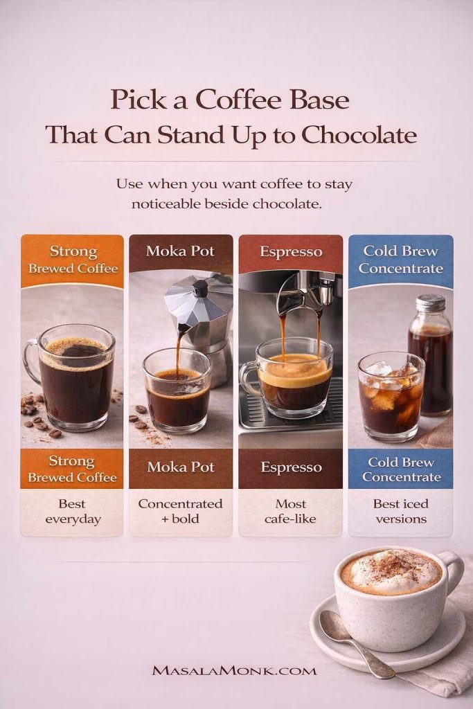 Coffee base strength selector infographic for hot chocolate coffee showing four options—strong brewed coffee, moka pot, espresso, and cold brew concentrate—with quick notes on when to use each.