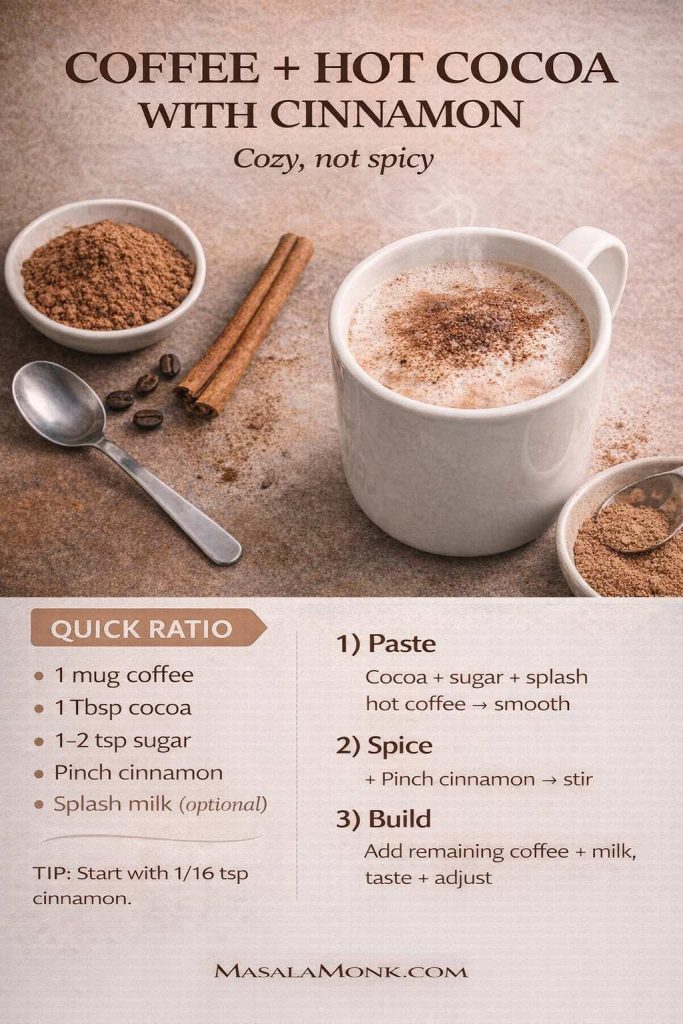 Recipe card photo for coffee + hot cocoa with cinnamon showing a creamy mug topped with cinnamon and a quick ratio plus three steps: make cocoa paste, stir in a pinch of cinnamon, then add coffee and milk to taste.