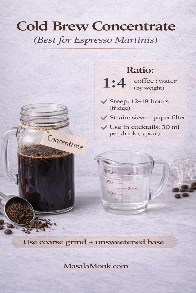 Cold brew concentrate recipe infographic showing a 1:4 coffee-to-water ratio, 12–18 hour steep time, straining instructions, and how much concentrate to use in an espresso martini.