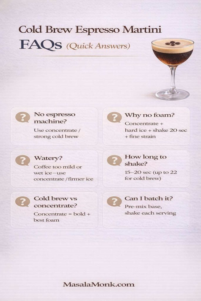 Cold brew espresso martini FAQ infographic with quick answers covering no espresso machine, why there’s no foam, watery martinis, shake time, cold brew vs concentrate, and batching for a party.