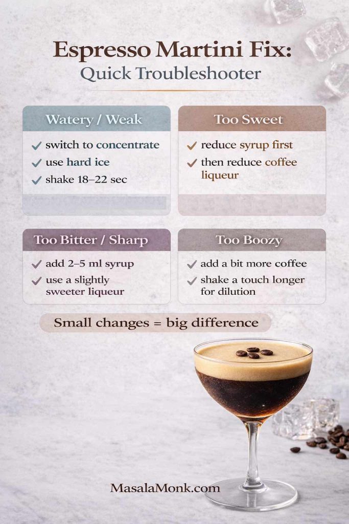 Espresso martini troubleshooting infographic showing how to fix a watery drink, overly sweet martini, bitter coffee flavor, or boozy balance, with quick adjustments to concentrate, syrup, liqueur, and shaking.