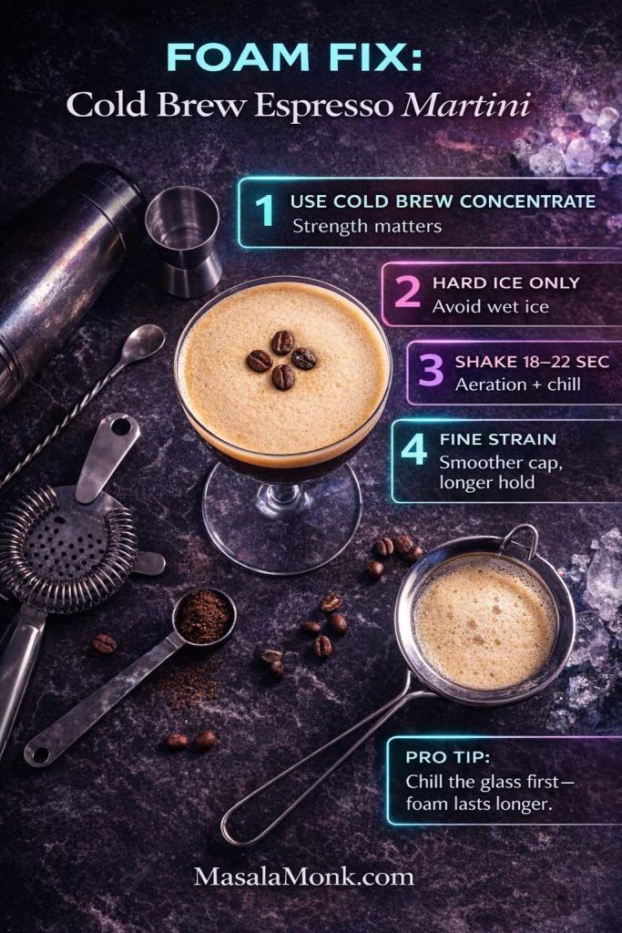 Top-down photo of a cold brew espresso martini with a thick crema-like foam cap and coffee bean garnish, surrounded by bar tools, plus an overlay “Foam Fix” checklist: use cold brew concentrate, hard ice, shake 18–22 seconds, and fine strain for longer-lasting foam.