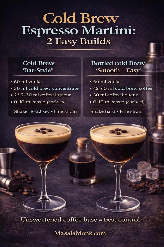 Cold brew espresso martini infographic showing two recipes: a bar-style version with cold brew concentrate and an easy version using bottled cold brew coffee, with measurements and shaking tips.