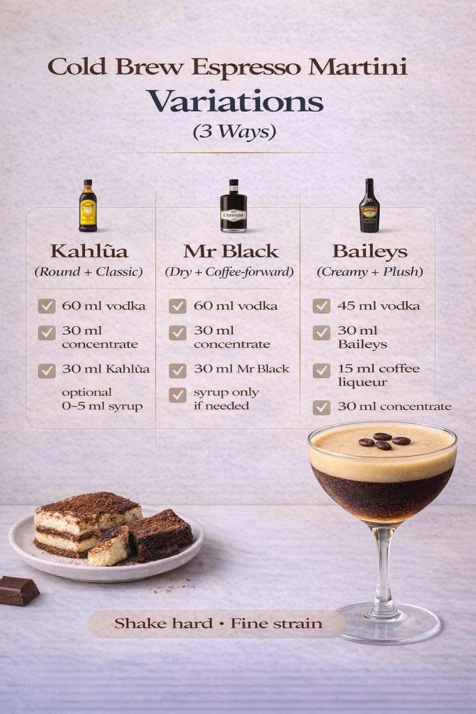 Infographic showing three cold brew espresso martini variations with ratios: Kahlúa version, Mr Black version, and Baileys creamy version, plus a tip to shake hard and fine strain.