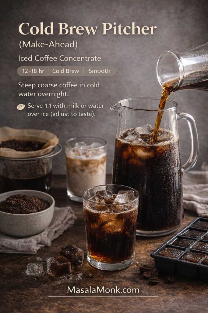Recipe card showing a cold brew pitcher of iced coffee concentrate being poured over ice, with coffee ice cubes and a serving glass with milk.