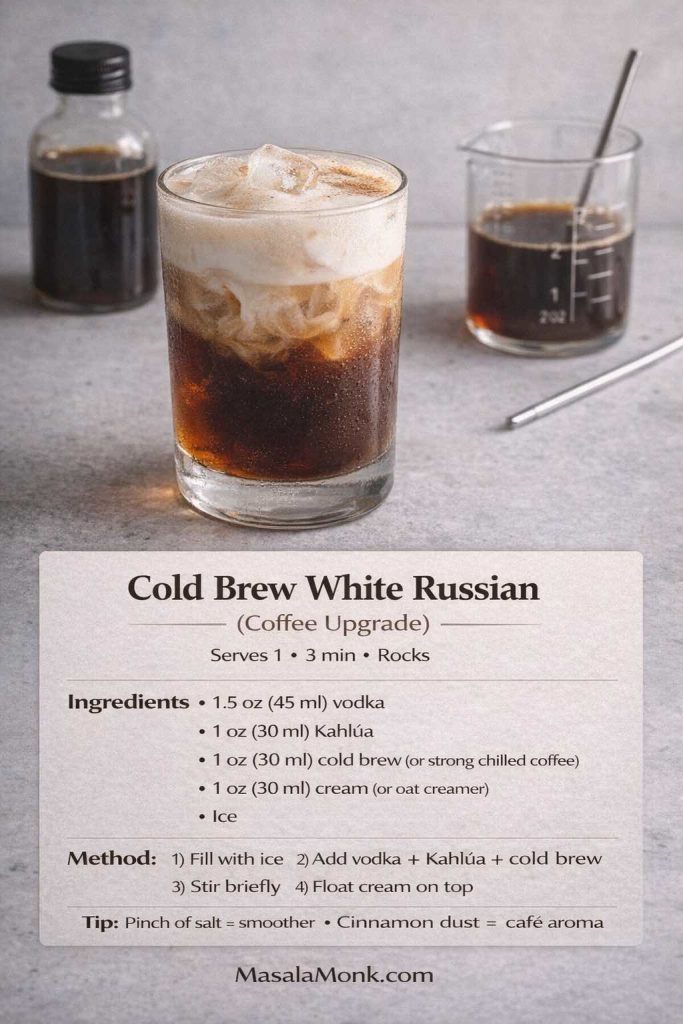 Cold Brew White Russian recipe card showing vodka, Kahlúa, cold brew coffee, and cream over ice in a rocks glass with a coffee-forward cream float.