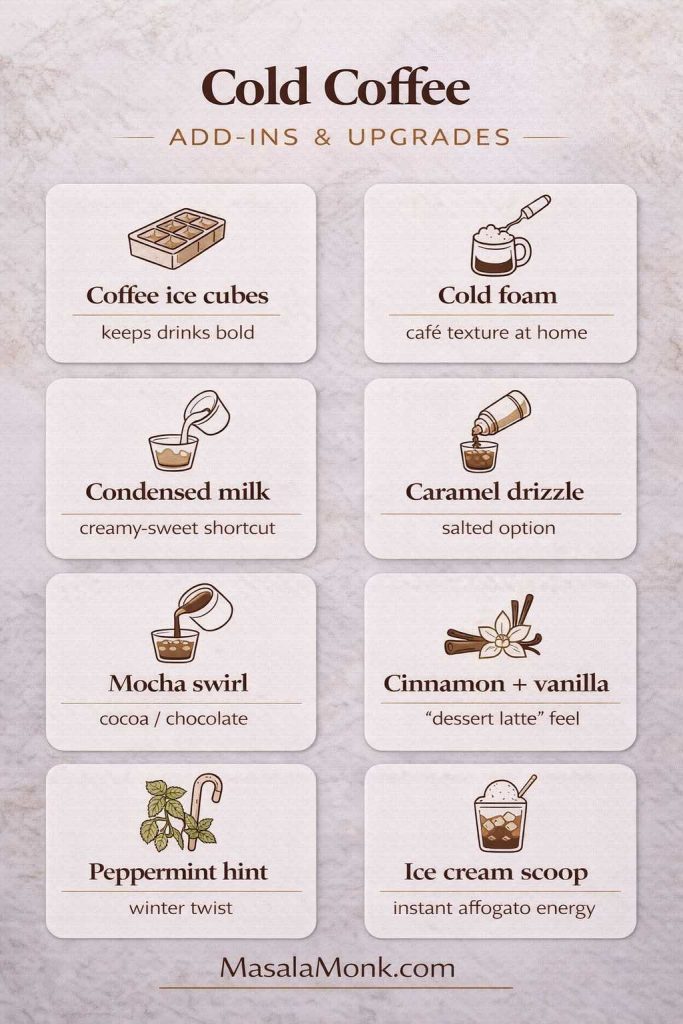 Cold coffee add-ins and upgrades infographic showing coffee ice cubes, cold foam, condensed milk, caramel drizzle, mocha swirl, cinnamon and vanilla, peppermint hint, and an ice cream scoop, with MasalaMonk.com branding.