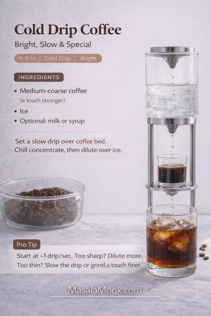 Cold drip coffee recipe card showing a cold drip tower brewing coffee over ice with simple ingredients, drip timing, and dilution tips.