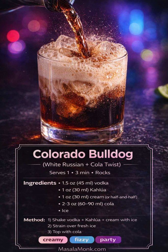 Colorado Bulldog recipe card showing vodka, Kahlúa, cream, and cola poured over ice in a rocks glass with fizzy marbling and step-by-step method.