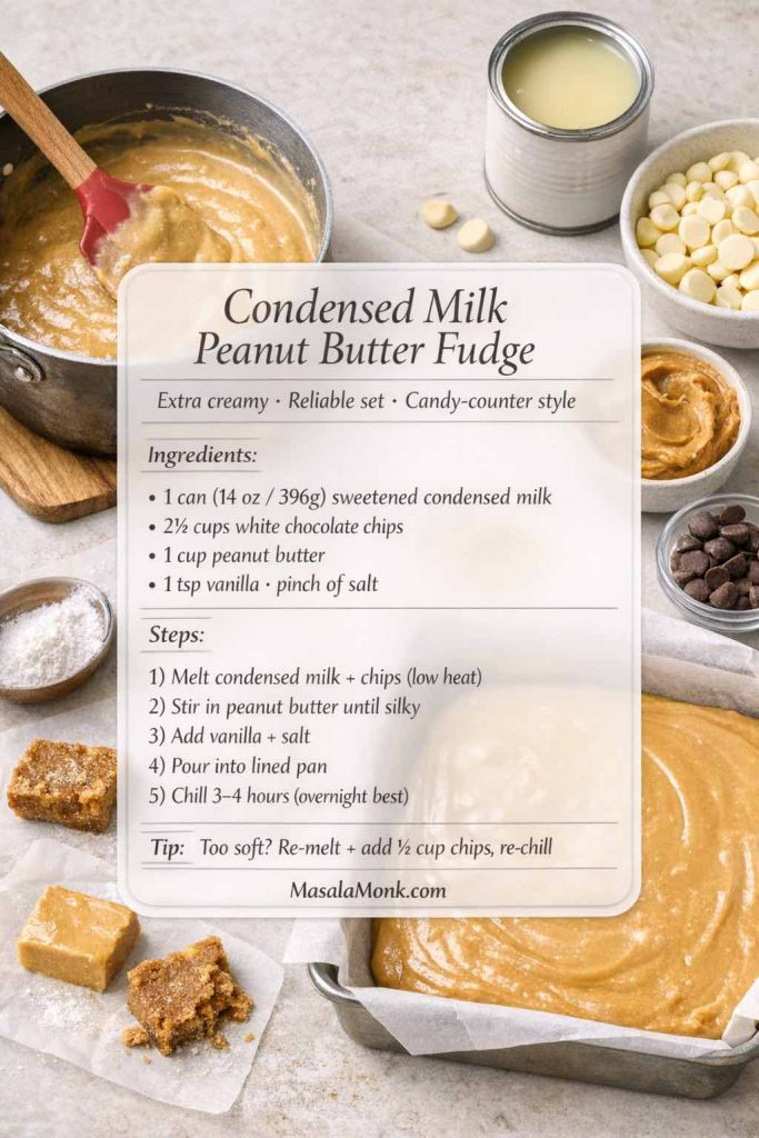 Photorealistic recipe card for condensed milk peanut butter fudge with a reliable set. Shows ingredients: 1 can (14 oz/396g) sweetened condensed milk, 2½ cups white chocolate chips, 1 cup peanut butter, vanilla, and salt. Includes steps to melt condensed milk with chips on low heat, stir in peanut butter, pour into a lined pan, and chill 3–4 hours (overnight best). Tip included for fixing fudge that’s too soft. MasalaMonk.com branding.