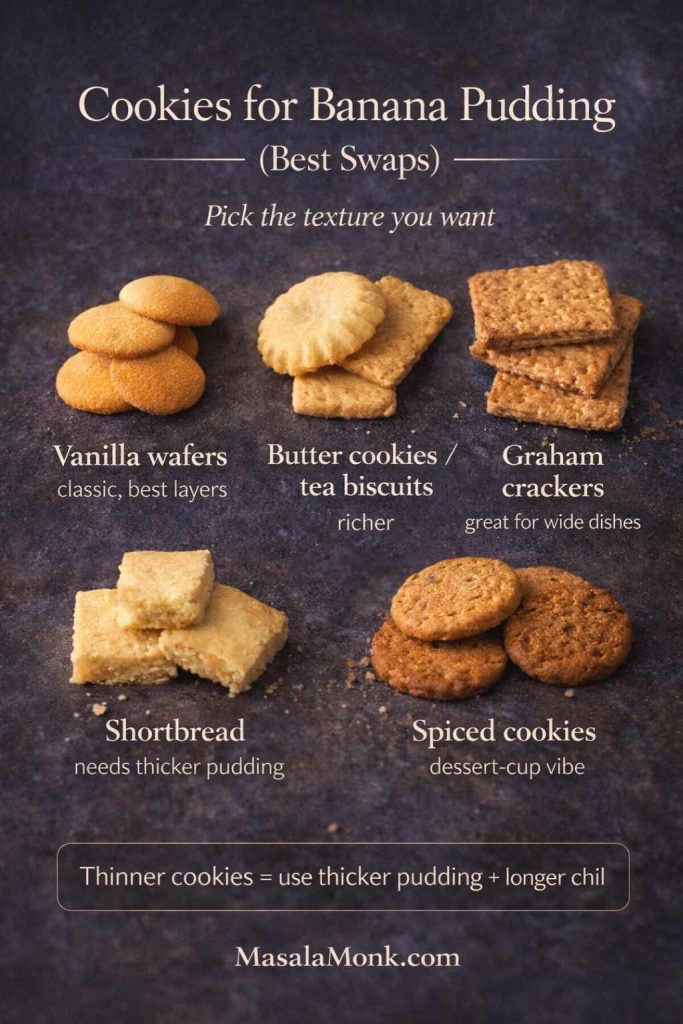 Cookie guide for no-bake banana pudding showing five options: vanilla wafers (classic), butter cookies/tea biscuits (richer), graham crackers (great for wide dishes), shortbread (needs thicker pudding), and spiced cookies (dessert-cup vibe). Note at bottom: thinner cookies need thicker pudding and a longer chill. MasalaMonk.com footer.