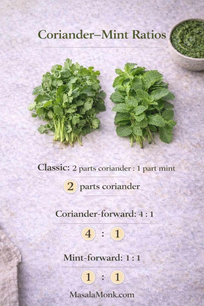 Coriander–mint ratios for green chutney showing classic 2:1, coriander-forward 4:1, and mint-forward 1:1 with fresh herbs and a bowl of chutney.