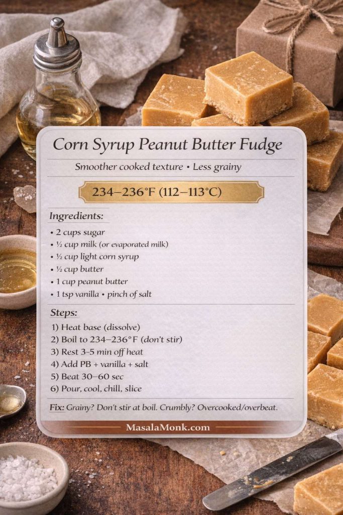 Photorealistic recipe card for corn syrup peanut butter fudge (Karo syrup style). Shows soft-ball stage temperature 234–236°F (112–113°C), ingredients (sugar, milk/evaporated milk, light corn syrup, butter, peanut butter, vanilla, salt) and steps to dissolve, boil without stirring, rest 3–5 minutes, stir in peanut butter, beat briefly, pour, cool, chill, and slice. MasalaMonk.com branding.