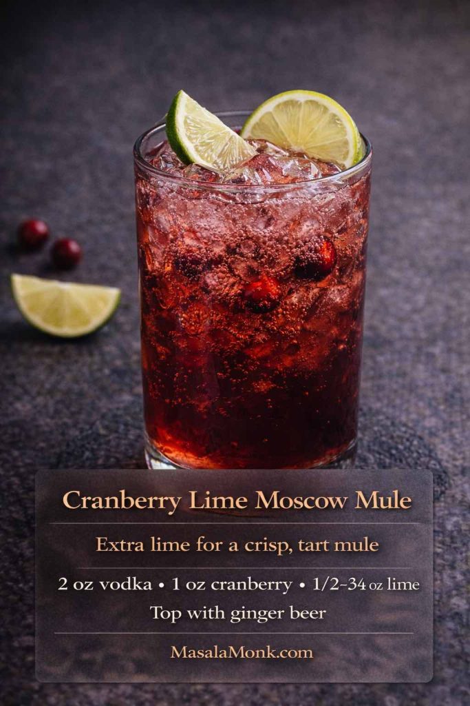 Cranberry lime Moscow mule in a tall glass with lime wedge and wheel, with an on-image recipe highlighting extra lime for a crisp, tart mule.