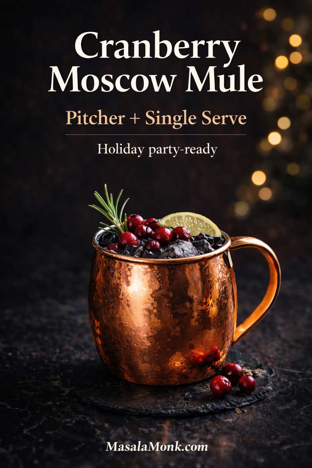 Cranberry Moscow Mule in a copper mug garnished with rosemary, cranberries, and lime, with text “Pitcher + Single Serve” and “Holiday party-ready.”