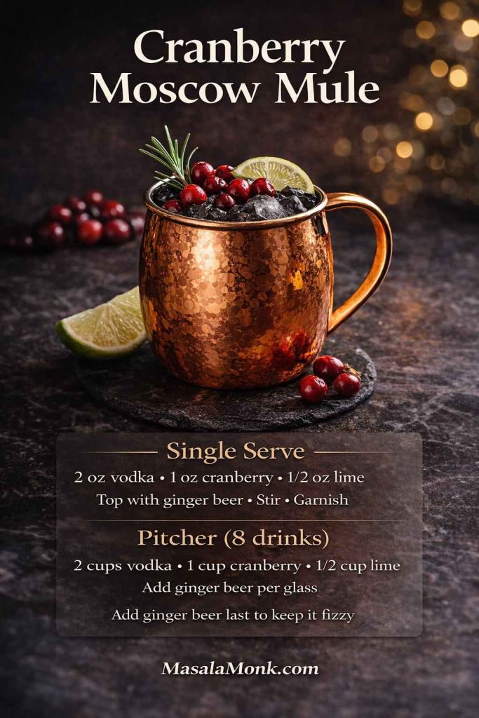 Cranberry Moscow Mule recipe graphic showing a copper mug cocktail with rosemary, cranberries, and lime, plus measurements for single serve and an 8-drink pitcher.