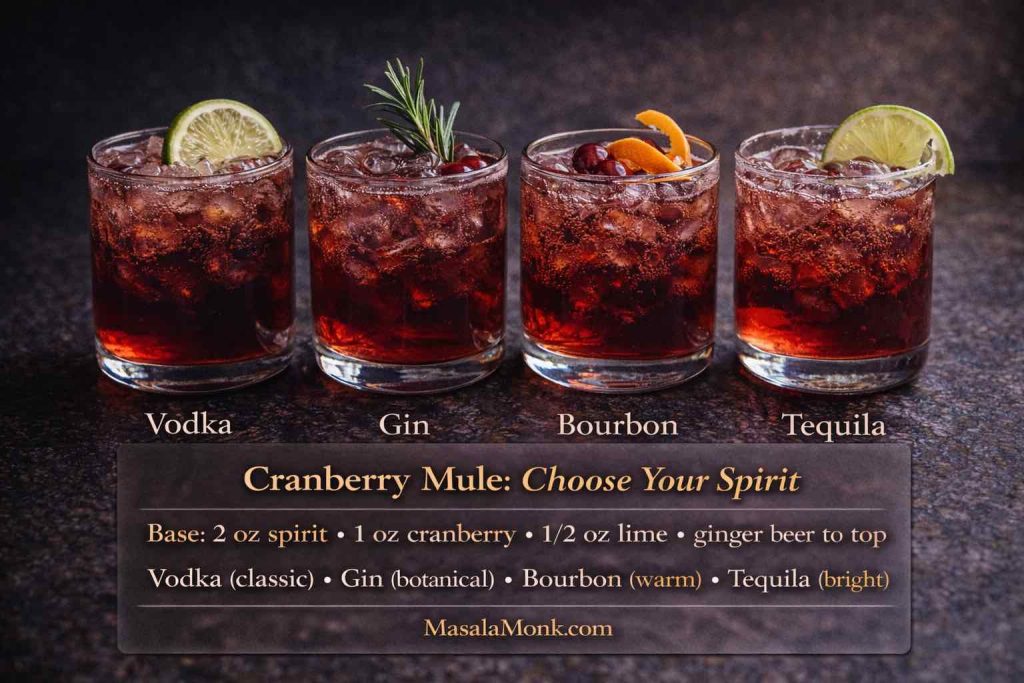 Cranberry mule spirit swaps graphic showing four drinks labeled vodka, gin, bourbon, and tequila, with a base recipe ratio and flavor notes.