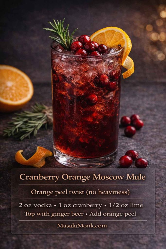 Cranberry orange Moscow mule in a tall glass with orange peel twist, cranberries, and ice, with an on-image recipe using vodka, cranberry, lime, and ginger beer.