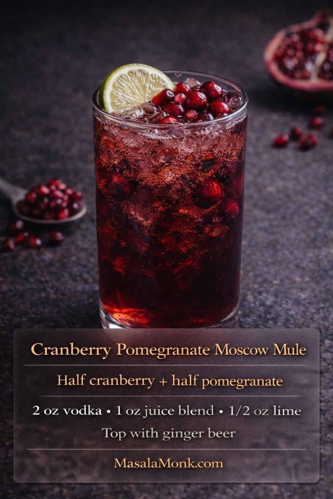 Cranberry pomegranate Moscow mule in a tall glass with lime and pomegranate arils, featuring an on-image recipe that uses half cranberry and half pomegranate juice.