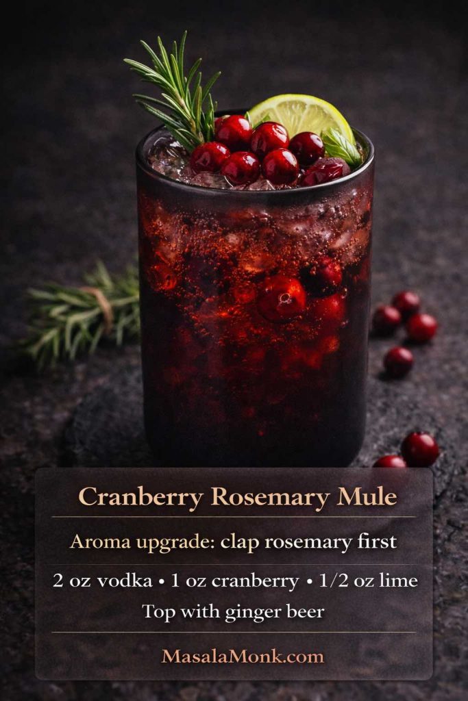 Cranberry rosemary mule in a dark glass with rosemary, cranberries, and lime, featuring an on-image recipe and a tip to clap rosemary before garnishing.