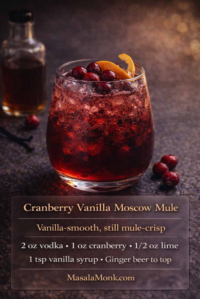 Cranberry vanilla Moscow mule in a stemless glass with cranberries and orange peel, with an on-image recipe including vodka, cranberry juice, lime, vanilla syrup, and ginger beer.