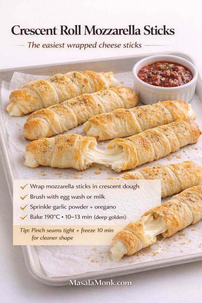 Recipe-card image titled “Crescent Roll Mozzarella Sticks” showing mozzarella sticks wrapped in crescent dough on a parchment-lined baking tray with a cheese pull and a ramekin of marinara sauce. On-image instructions say: wrap mozzarella sticks in crescent dough, brush with egg wash or milk, sprinkle garlic powder and oregano, and bake at 190°C for 10–13 minutes until deep golden. Tip says to pinch seams tight and freeze 10 minutes for a cleaner shape. MasalaMonk.com branding.