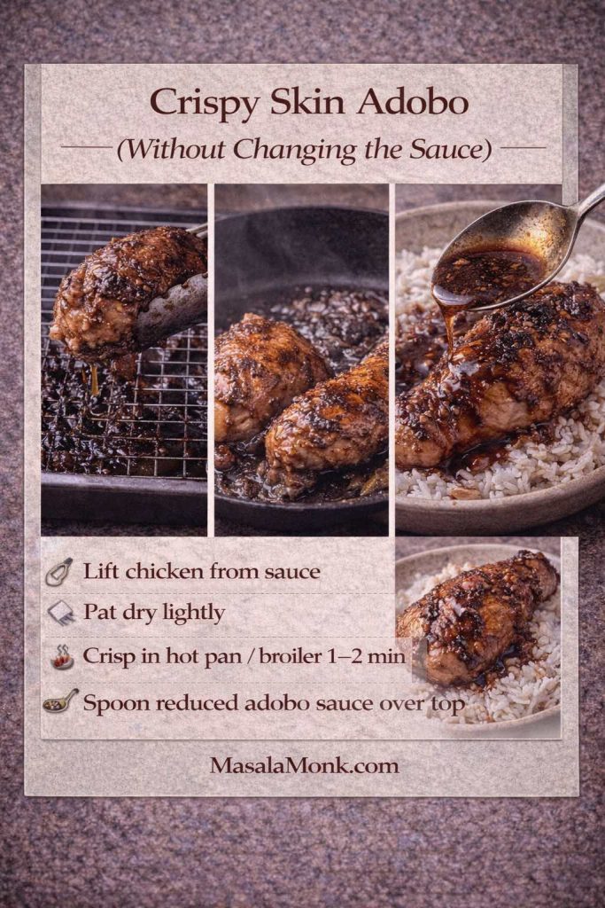 Step-by-step infographic titled “Crispy Skin Adobo (Without Changing the Sauce).” Three photos show leftover chicken adobo lifted from the sauce onto a rack, then crisped in a hot pan, and finally served over rice while reduced adobo sauce is spooned on top. Text instructions say: lift chicken from sauce, pat dry lightly, crisp in hot pan or broiler 1–2 minutes, and spoon reduced adobo sauce over the crispy skin. MasalaMonk.com appears in the footer.