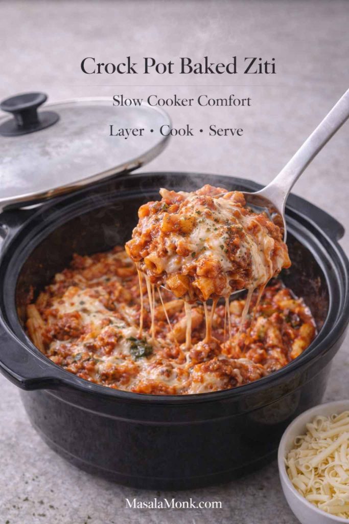 Crock pot baked ziti in a slow cooker with a ladle lifting a cheesy portion, showing slow cooker baked ziti texture with marinara and melted mozzarella.