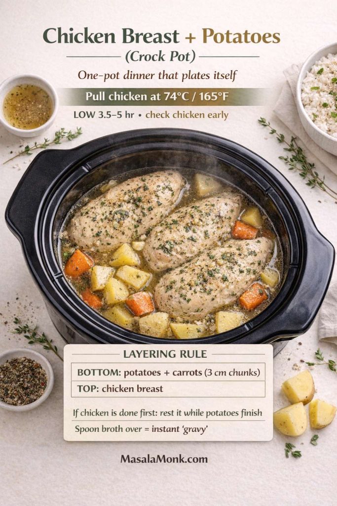 Top-down crock pot chicken breast and potatoes dinner with carrots in broth. Text overlay shows the key rule: pull chicken at 74°C / 165°F, cook LOW 3.5–5 hours, and “layering rule” (bottom: potatoes + carrots in 3 cm chunks; top: chicken breast). Note says rest chicken if it finishes first and spoon broth over as quick gravy, with MasalaMonk.com in the footer.