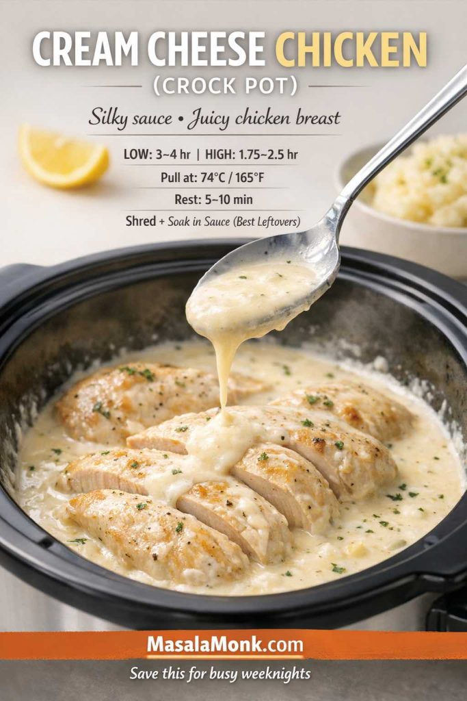 Cream cheese chicken breast in a crock pot with a spoon lifting silky sauce over sliced chicken. Text overlay reads “Cream Cheese Chicken (Crock Pot)” with cook times LOW 3–4 hr and HIGH 1.75–2.5 hr, pull at 74°C/165°F, rest 5–10 min, and “shred + soak in sauce.” MasalaMonk.com branding in the footer.