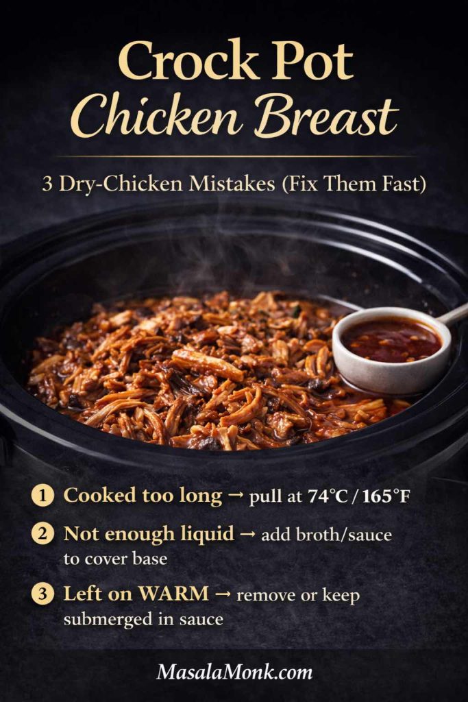 Vertical guide card titled “Crock Pot Chicken Breast: 3 Dry-Chicken Mistakes (Fix Them Fast)” showing shredded chicken in sauce inside a slow cooker with steam. Text lists: 1) Cooked too long—pull at 74°C/165°F, 2) Not enough liquid—add broth or sauce to cover the base, 3) Left on WARM—remove chicken or keep it submerged in sauce. MasalaMonk.com in footer.