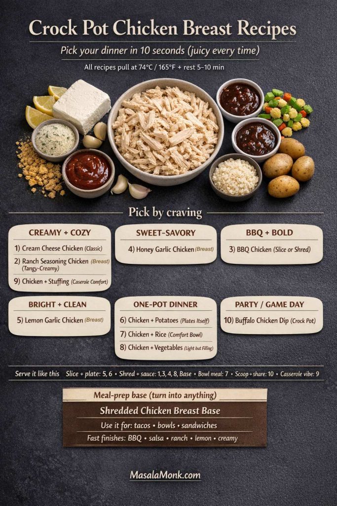Vertical guide card titled ‘Crock Pot Chicken Breast Recipes’ showing a bowl of shredded chicken and ingredients, plus a ‘Pick by craving’ menu that groups 10 crock pot chicken breast recipes: creamy (cream cheese, ranch, chicken & stuffing), sweet-savory (honey garlic), BBQ (BBQ chicken), bright (lemon garlic), one-pot dinners (chicken with potatoes, rice, vegetables), and party (buffalo chicken dip). Notes: pull at 74°C/165°F and rest 5–10 minutes. MasalaMonk.com in footer.