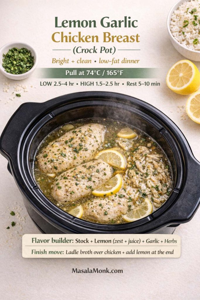 Lemon garlic chicken breast in a crock pot with lemon slices and herbs in a light broth. Text overlay shows the juicy rule “Pull at 74°C / 165°F,” cook times (LOW 2.5–4 hr, HIGH 1.5–2.5 hr), rest 5–10 min, plus flavor builder notes (stock + lemon zest/juice + garlic + herbs) and a finishing tip to ladle broth and add lemon at the end.