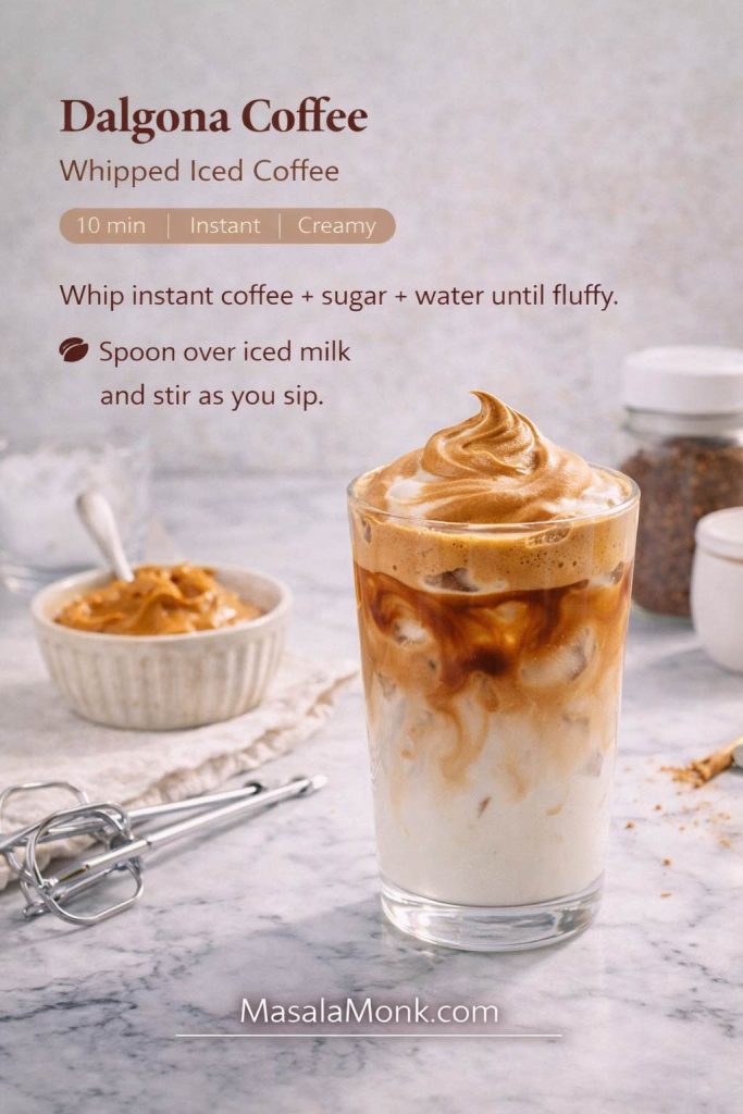 Recipe card for Dalgona coffee showing whipped iced coffee foam spooned over iced milk in a tall glass, with “Whipped Iced Coffee” text overlay and MasalaMonk.com in the footer.