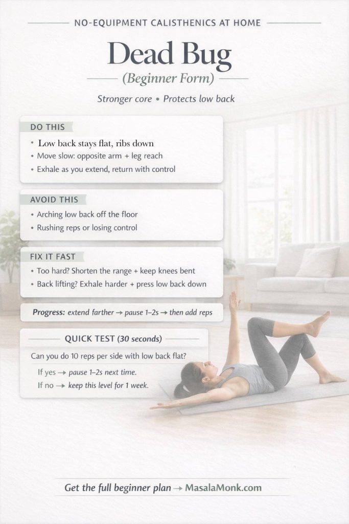 Dead bug beginner form infographic for no-equipment calisthenics at home, showing “do this,” “avoid this,” quick fixes, a progression step, and a 30-second quick test to keep low back flat.