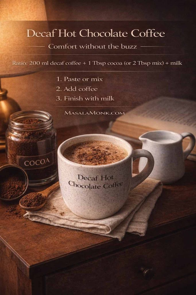Decaf hot chocolate coffee recipe card on a cozy nightstand with warm lamp light, showing an evening-friendly ratio and 3 simple steps