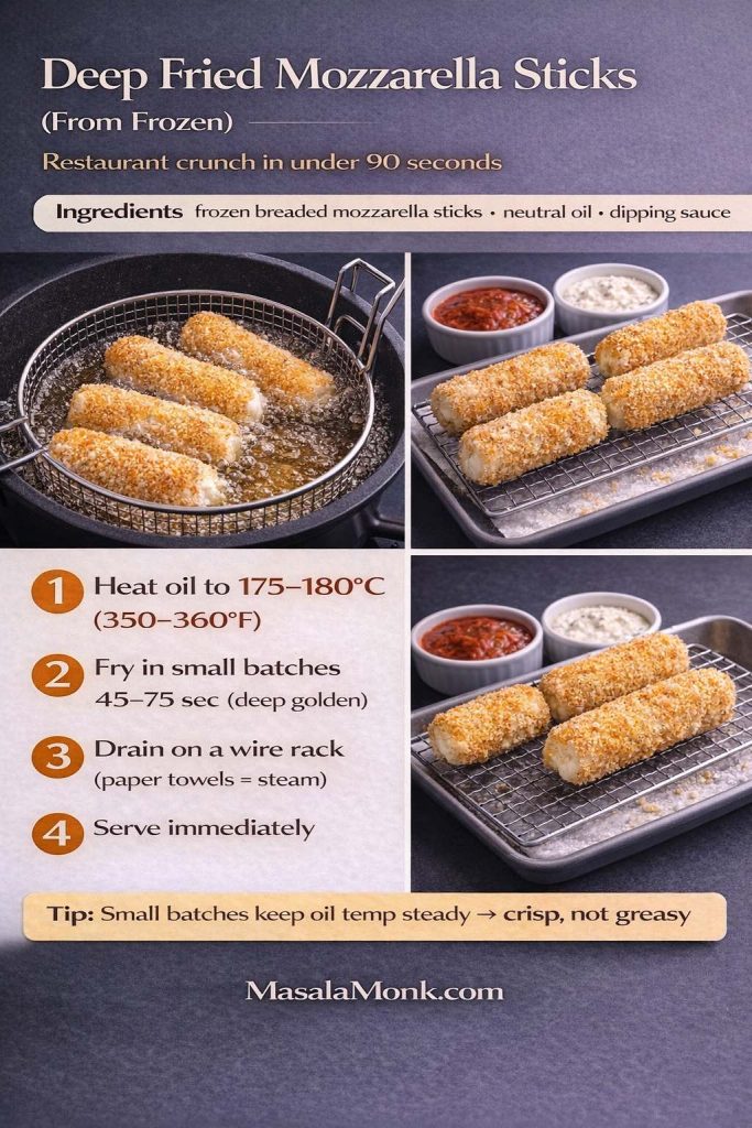 Recipe-card infographic titled “Deep Fried Mozzarella Sticks (From Frozen)” showing breaded mozzarella sticks frying in hot oil in a basket and then draining on a wire rack, with marinara dipping sauce. Text lists ingredients (frozen breaded mozzarella sticks, neutral oil, dipping sauce) and steps: heat oil to 175–180°C (350–360°F); fry in small batches for 45–75 seconds until deep golden; drain on a wire rack (paper towels cause steam); serve immediately. MasalaMonk.com branding.