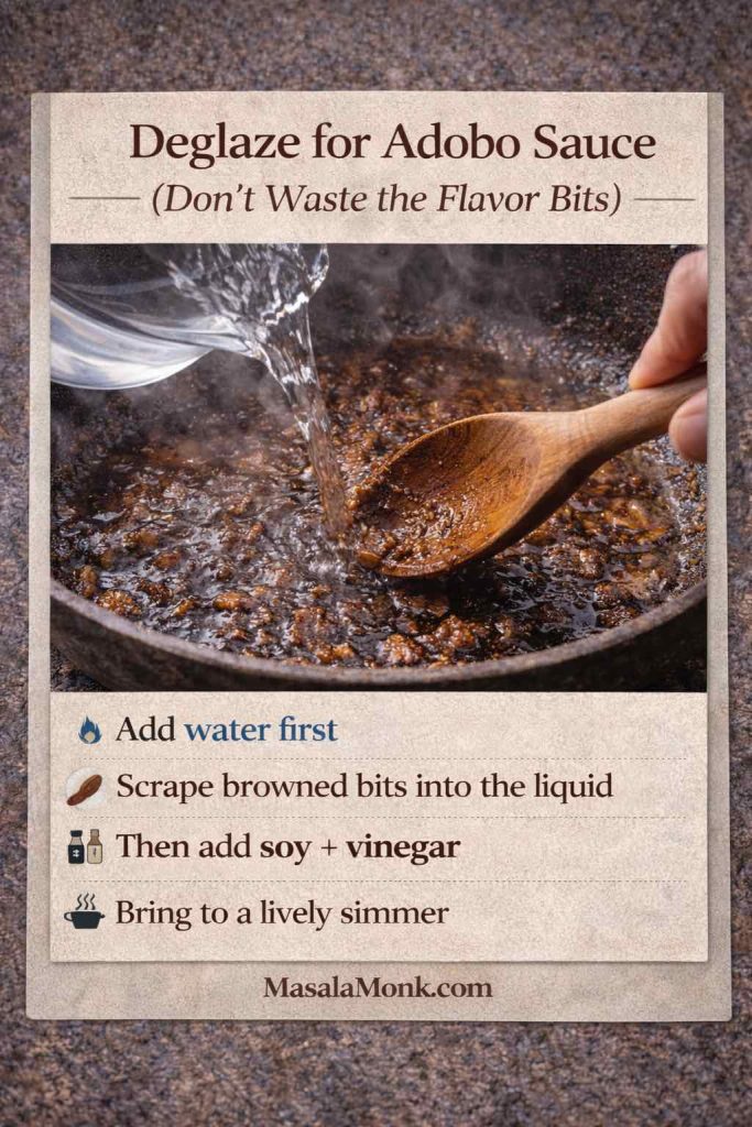 Infographic titled “Deglaze for Adobo Sauce (Don’t Waste the Flavor Bits).” Photo shows water being poured into a hot pan while a wooden spoon scrapes up browned bits (fond) from the bottom. Text overlay lists steps: add water first, scrape browned bits into the liquid, then add soy sauce and vinegar, and bring to a lively simmer. MasalaMonk.com appears in the footer.