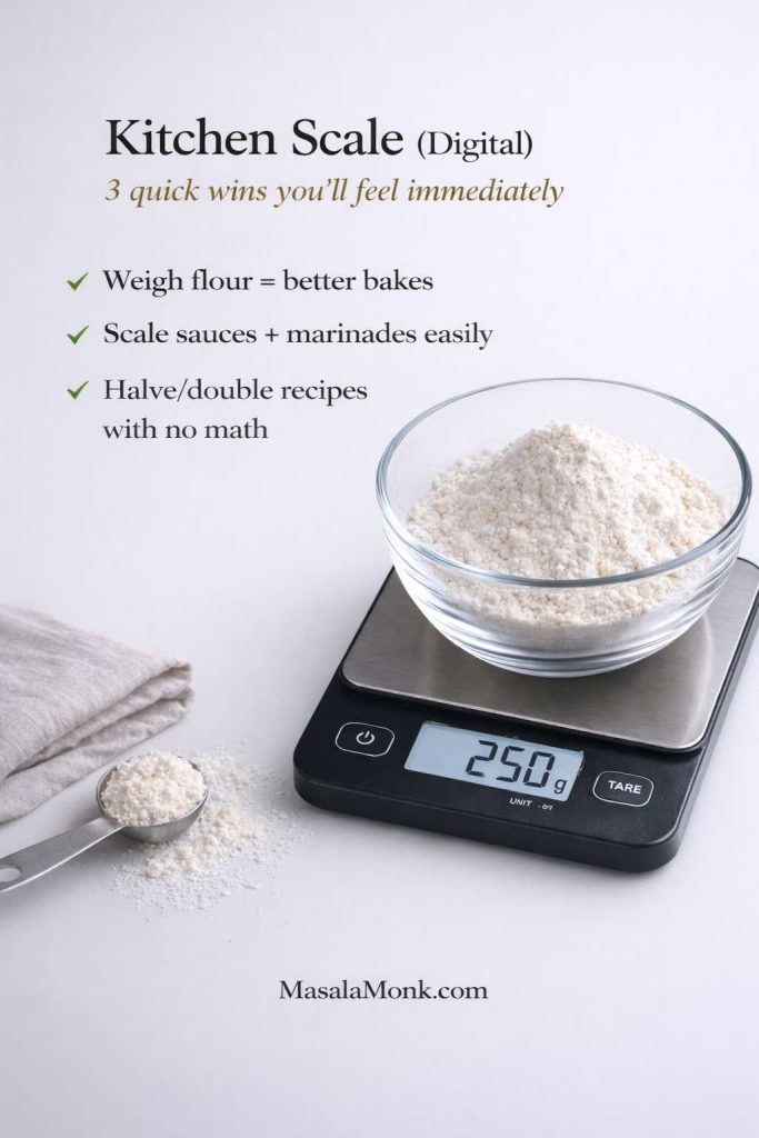 Infographic titled “Kitchen Scale (Digital)” showing a digital kitchen scale with a glass bowl of flour and text listing three benefits: weigh flour for better bakes, scale sauces and marinades, and halve or double recipes easily, with MasalaMonk.com in the footer.