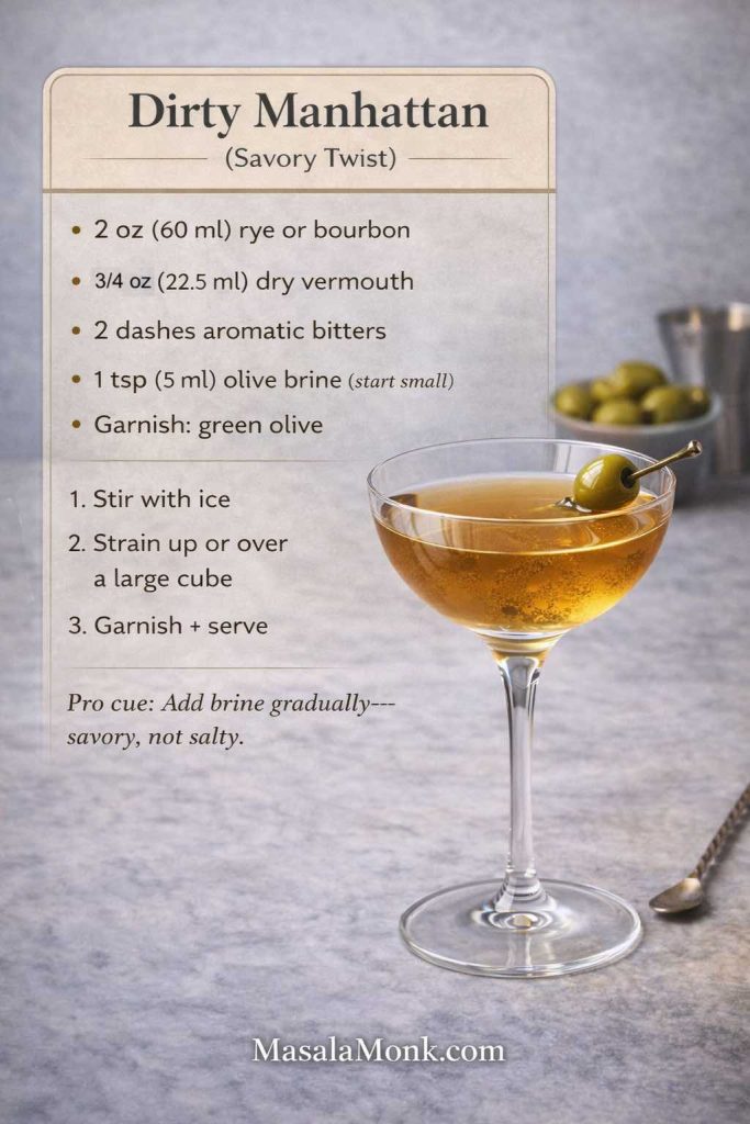 Dirty Manhattan cocktail recipe card with oz and ml measurements, rye or bourbon, dry vermouth, bitters, olive brine, and green olive garnish, MasalaMonk.com