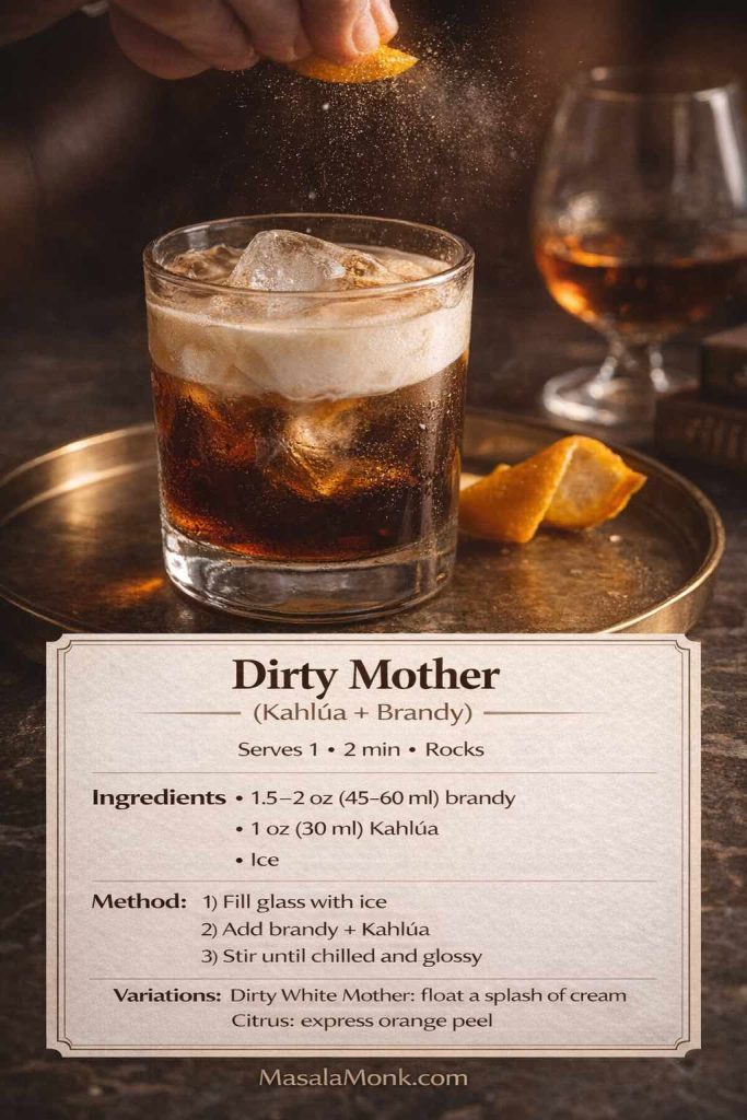 Dirty Mother cocktail recipe card showing Kahlúa and brandy over a large ice cube with expressed orange peel, plus ingredients, method, and variations.