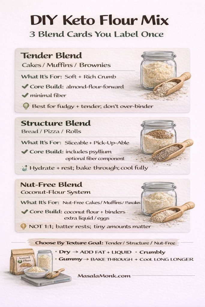 DIY Keto Flour Mix infographic showing three labeled blend cards: “Tender Blend” for cakes/muffins/brownies (almond-flour-forward, minimal fiber), “Structure Blend” for bread/pizza/rolls (includes psyllium, optional fiber; hydrate + rest; bake through; cool fully), and “Nut-Free Blend” coconut-flour system (coconut flour + binders, extra liquid/eggs; not 1:1; batter rests; tiny amounts matter). Bottom notes: choose by texture goal; dry add fat + liquid; gummy bake through + cool longer. MasalaMonk.com footer.