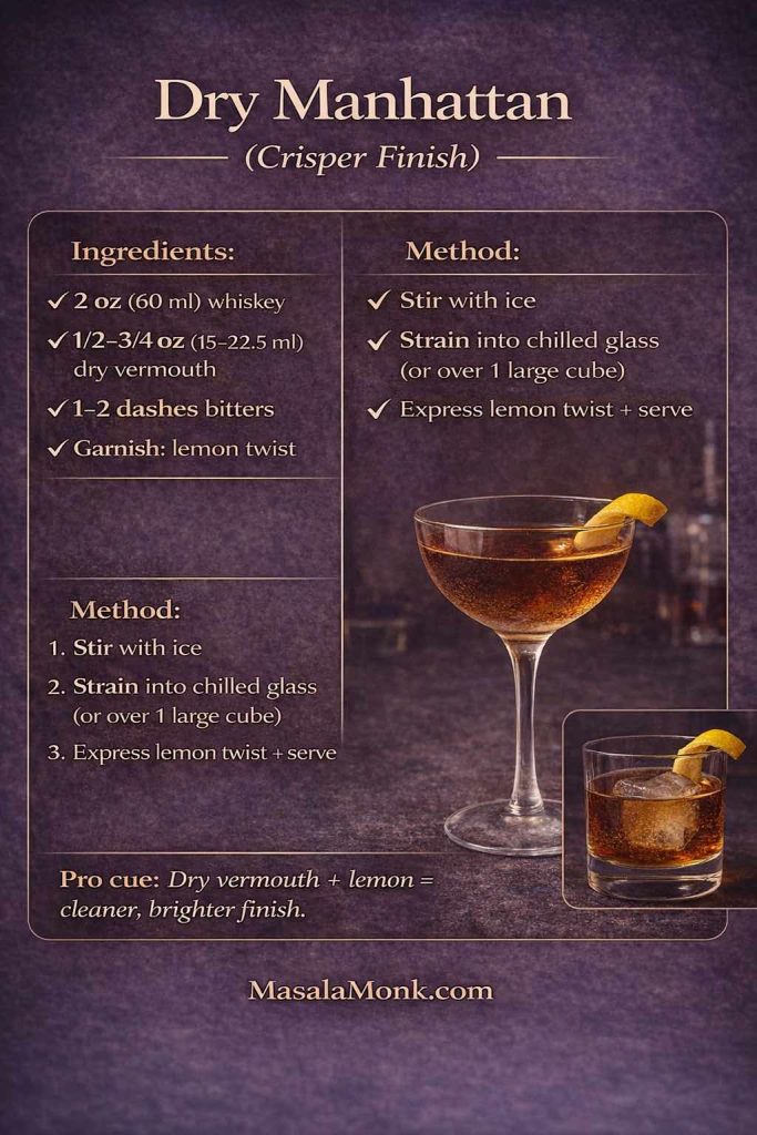 Dry Manhattan cocktail recipe card showing 2 oz whiskey, 1/2–3/4 oz dry vermouth, 1–2 dashes bitters, and a lemon twist garnish (oz + ml).